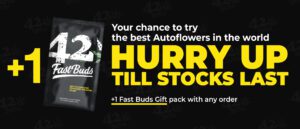 Promotional graphic for D.C. Seed Exchange featuring a Fast Buds gift pack offer, highlighting "Your chance to try the best Autoflowers in the world" with urgency to "HURRY UP TILL STOCKS LAST."