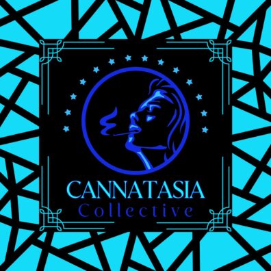 Cannatasia Collective logo featuring a stylized profile of a person smoking, surrounded by stars and geometric patterns, representing cannabis culture and community.