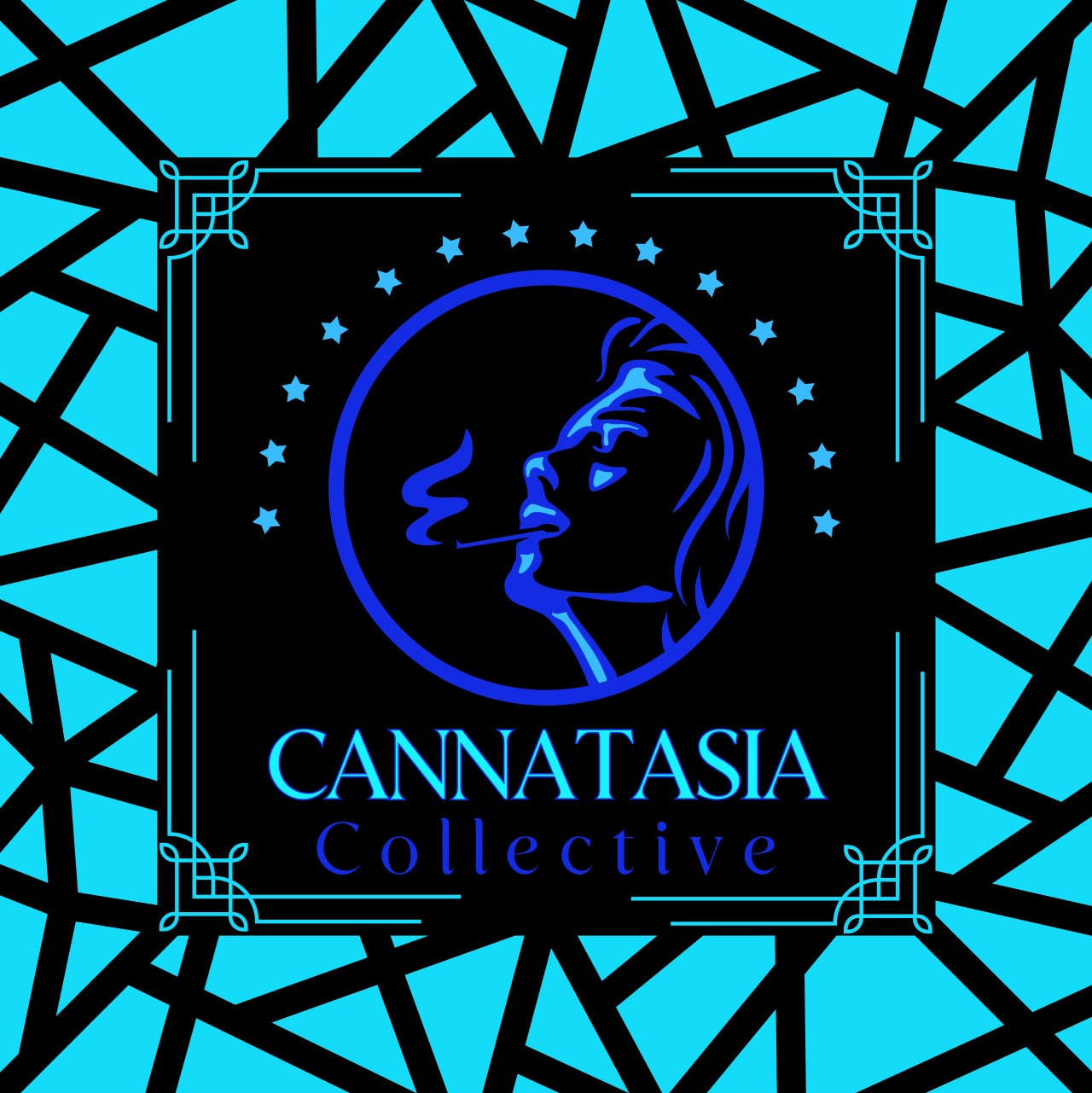 Cannatasia Collective logo featuring a stylized silhouette of a person smoking, surrounded by stars and geometric patterns, representing a brand associated with seed genetics and cultivation.